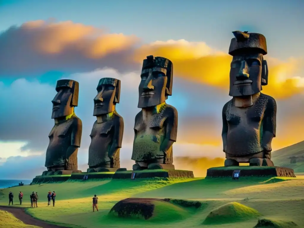 Misterio y majestuosidad: estatuas Moai en la Isla de Pascua bajo un vibrante atardecer