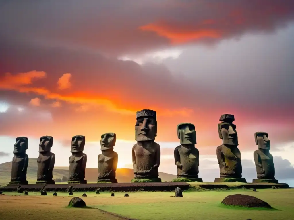 Misterio y majestuosidad de los moáis al amanecer en la Isla de Pascua