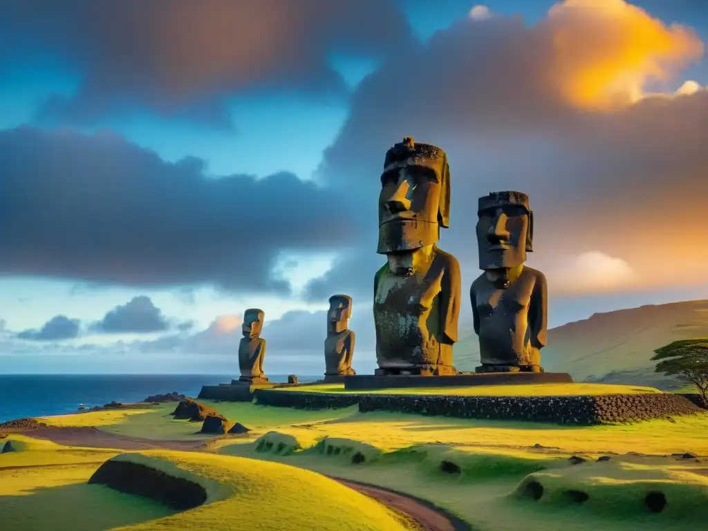 Misterio moáis Isla Pascua: Majestuosos moáis de la Isla de Pascua bajo un cielo vibrante al atardecer, creando una atmósfera dramática y misteriosa