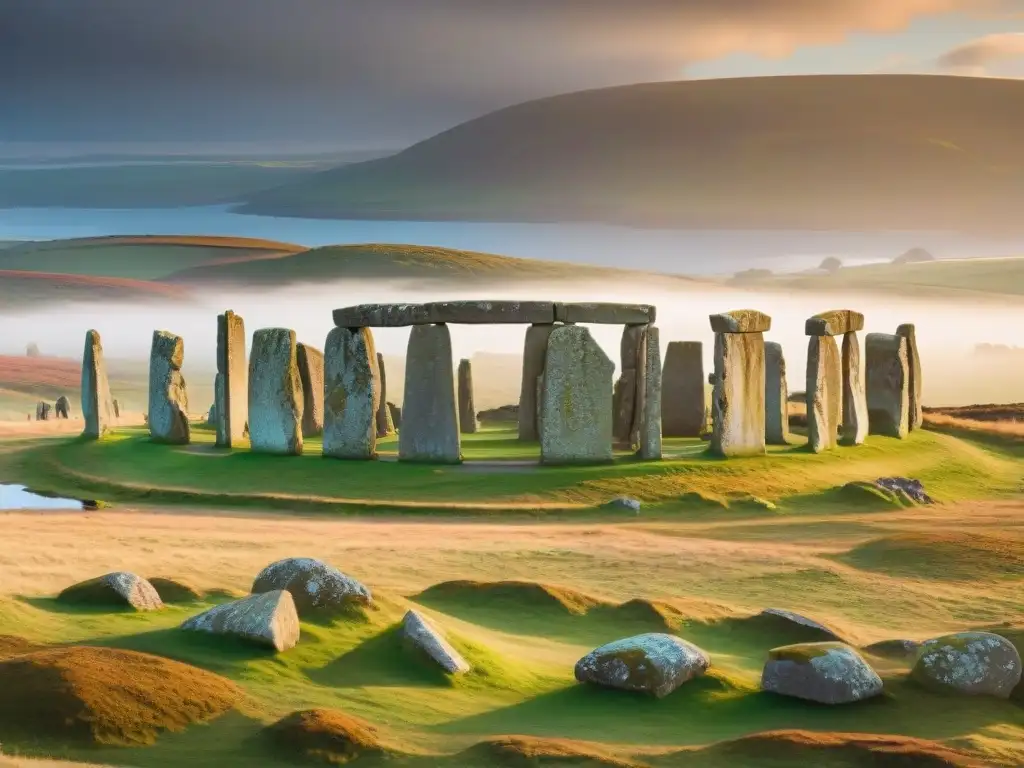 Misterio neolítico en el Anillo de Brodgar en Escocia al atardecer, entre piedras místicas y colinas verdes