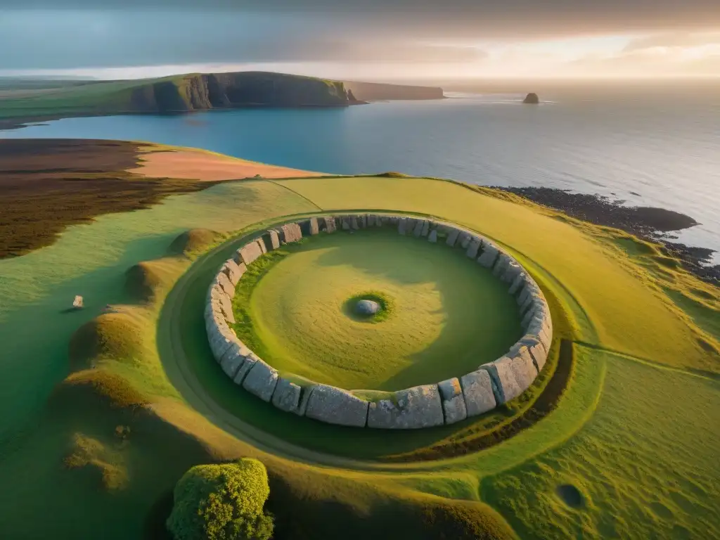 Misterio neolítico del Anillo Brodgar en Escocia: círculo de piedras antiguas bajo la luz del sol de medianoche