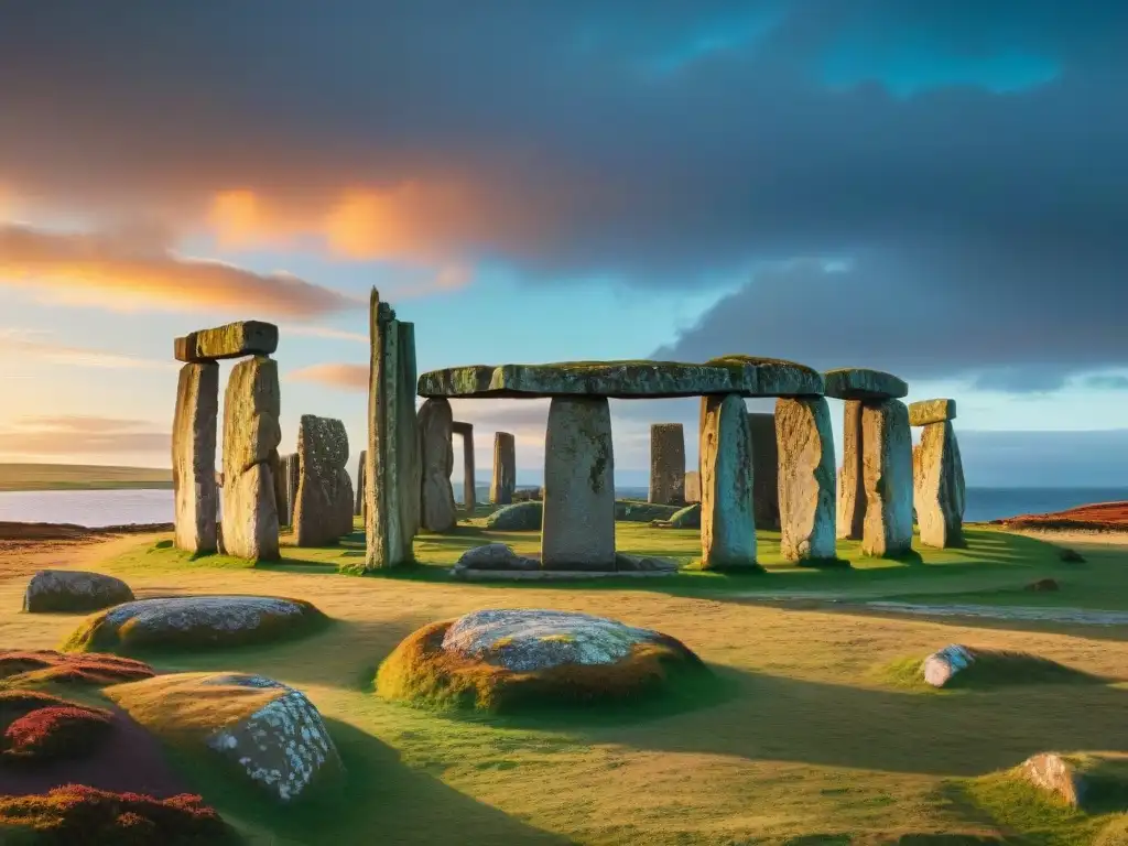 Misterio neolítico en el Anillo Brodgar de Escocia al atardecer, los imponentes menhires contra un cielo colorido