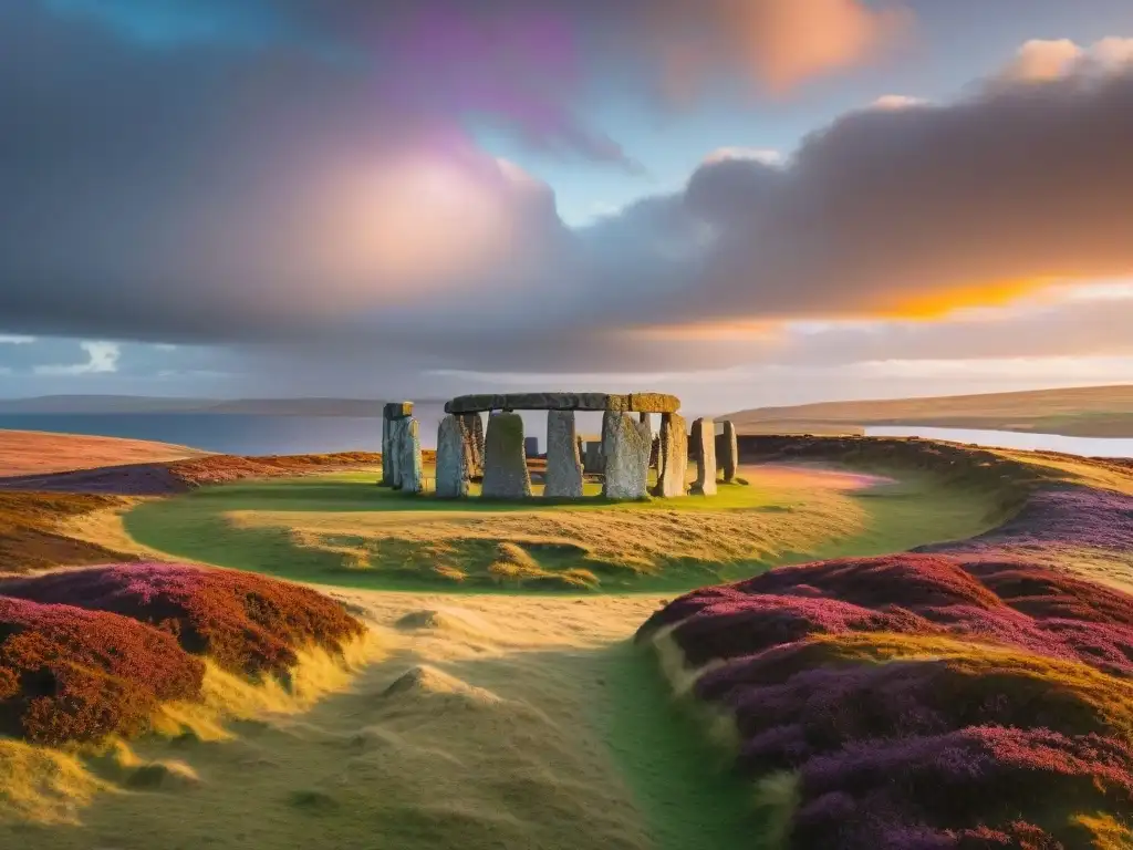 Misterio neolítico: Anillo Brodgar en Escocia, círculo de piedras silueteado en un paisaje místico al atardecer