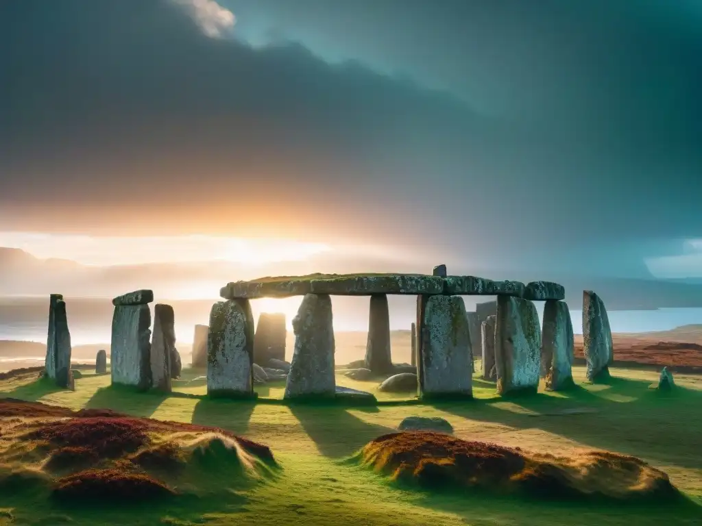 Misterio neolítico en el Anillo de Brodgar, Escocia: piedras antiguas rodeadas de niebla mística, con rayos de sol dorados