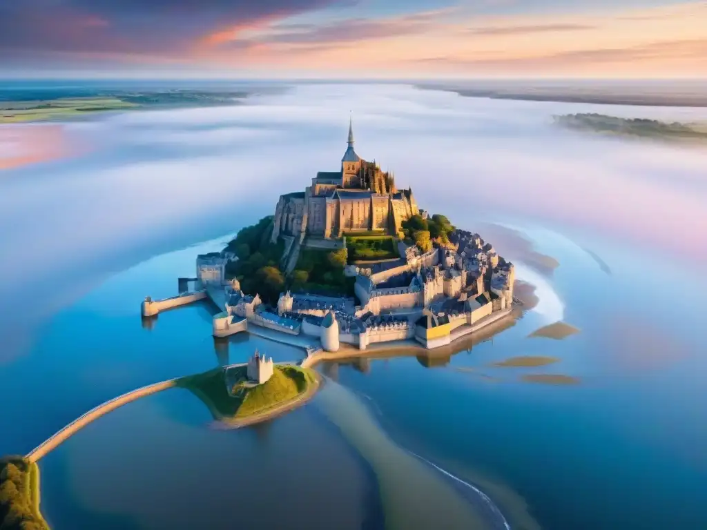 Misterios del Monte Saint Michel: vista aérea al atardecer con la abadía iluminada y gaviotas sobre el mar