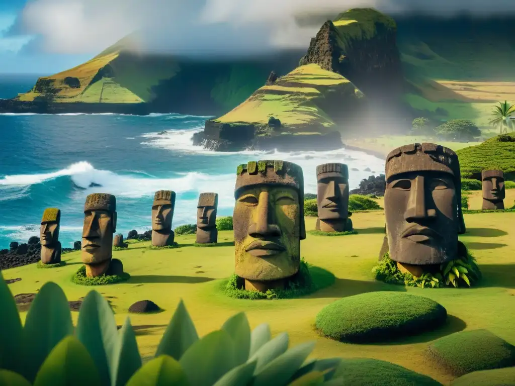 Descubre los misterios ancestrales de Rapa Nui en las enigmáticas tablillas de Rongorongo, entre exuberante vegetación y rocas volcánicas