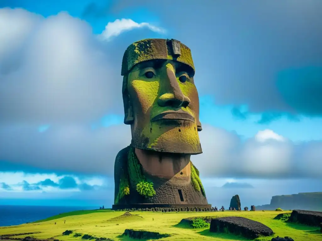 Misterios ancestrales de Rapa Nui: Moai gigantes tallados en piedra mirando al vasto océano Pacífico bajo un cielo dramático