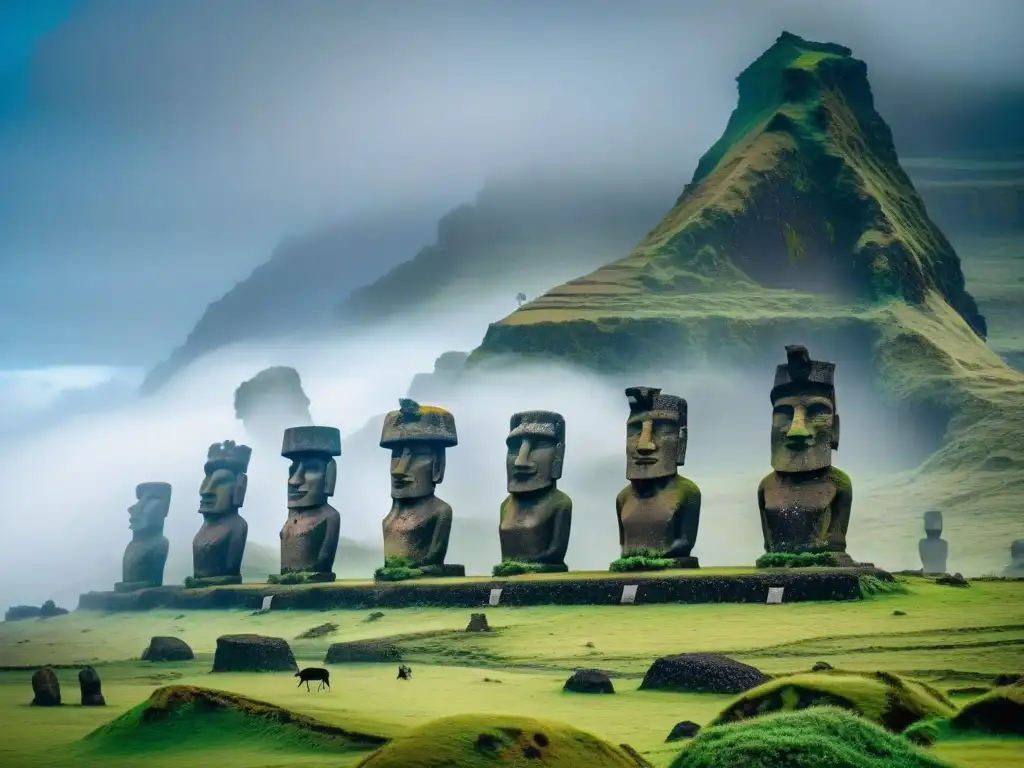 Misterios ancestrales de Rapa Nui: Estatuas Moai gigantes envueltas en la neblina del amanecer en Isla de Pascua