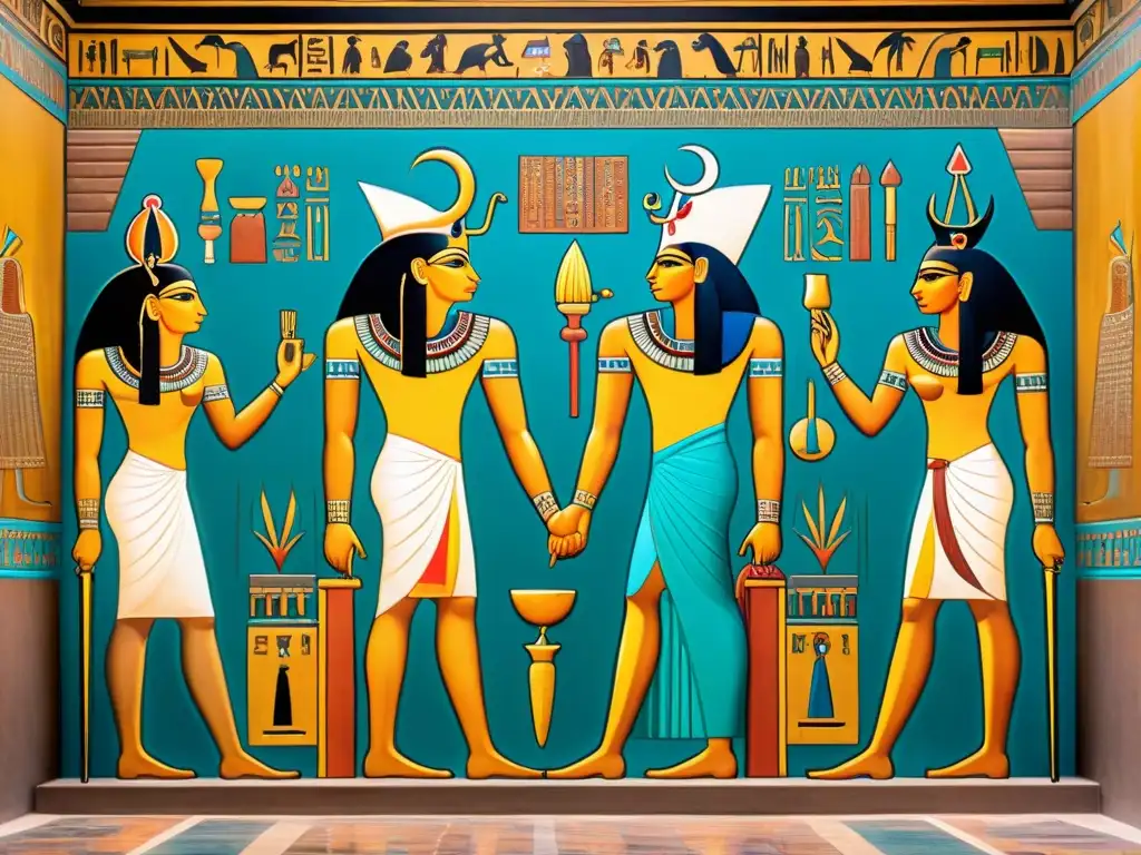 Misterios de la civilización antigua: mural de Osiris, Isis y Horus en un templo egipcio, con colores vivos y jeroglíficos intrincados