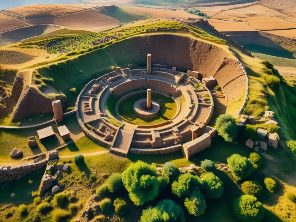 Misterios de Gobekli Tepe: Ruinas antiguas con pilares de piedra y grabados detallados en paisaje turco