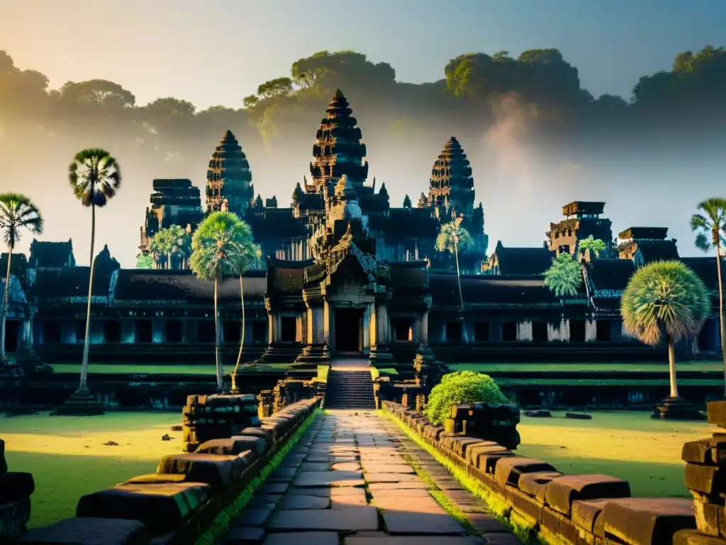 Explora los misterios antiguos de Angkor Wat al amanecer, entre luces y sombras