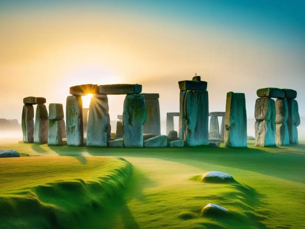 Stonehenge al amanecer: misterios antiguos en las piedras megalíticas bajo la luz dorada y la bruma matutina