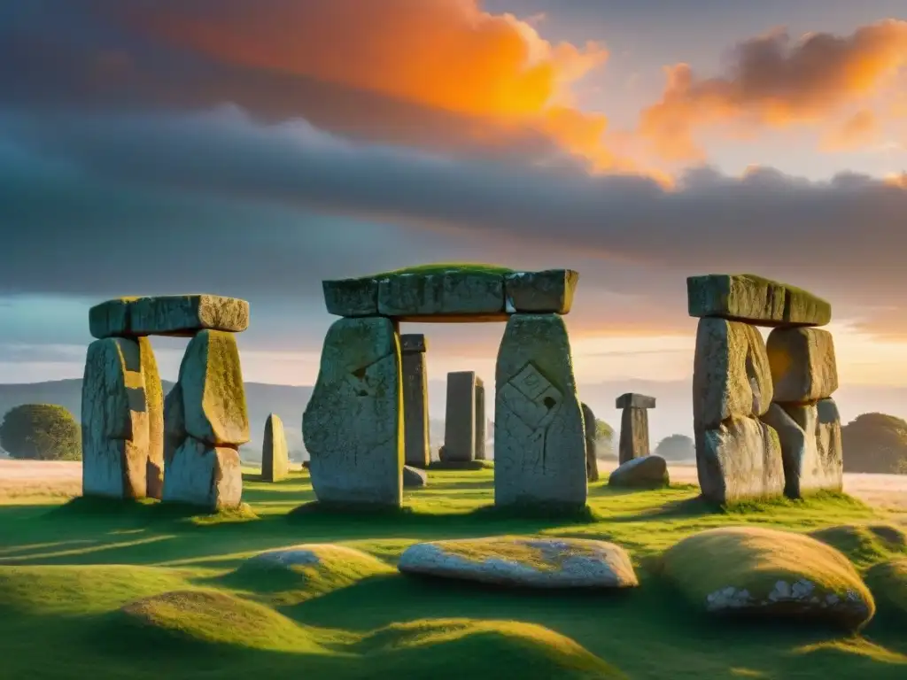 Misterios antiguos entre piedras megalíticas en atardecer vibrante