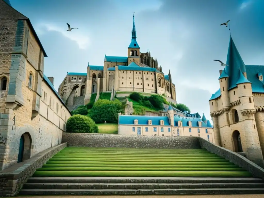 Misterios del Monte Saint Michel: Detalle arquitectónico de la abadía, con gaviotas y un cielo dramático de fondo