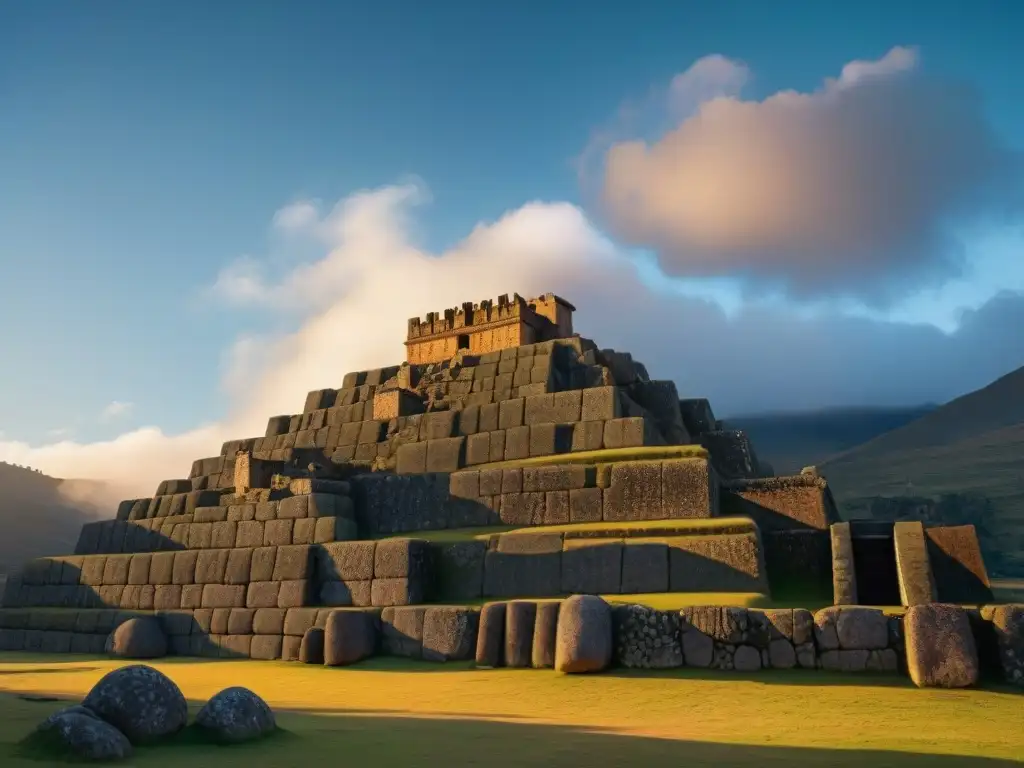 Misterios arquitectura inca en Sacsayhuamán: piedras megalíticas en perfecta armonía bajo la cálida luz del atardecer, creando un patrón hipnótico