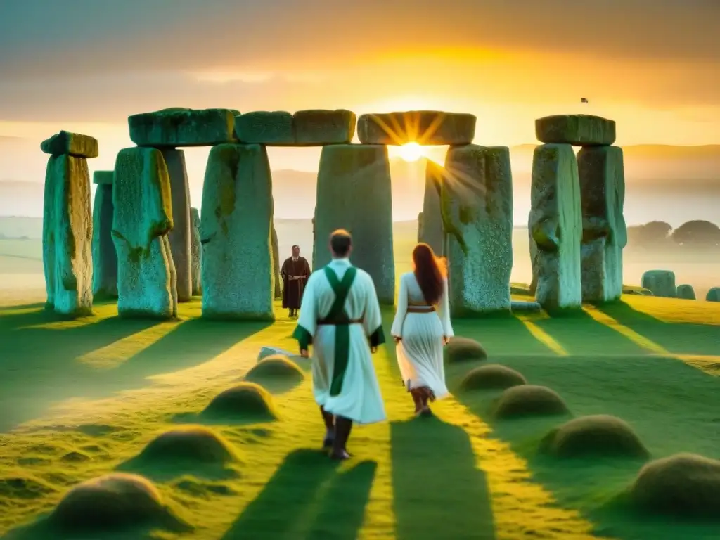 Misterios de la arquitectura sagrada de civilizaciones antiguas: druidas celtas en ritual en Stonehenge al atardecer