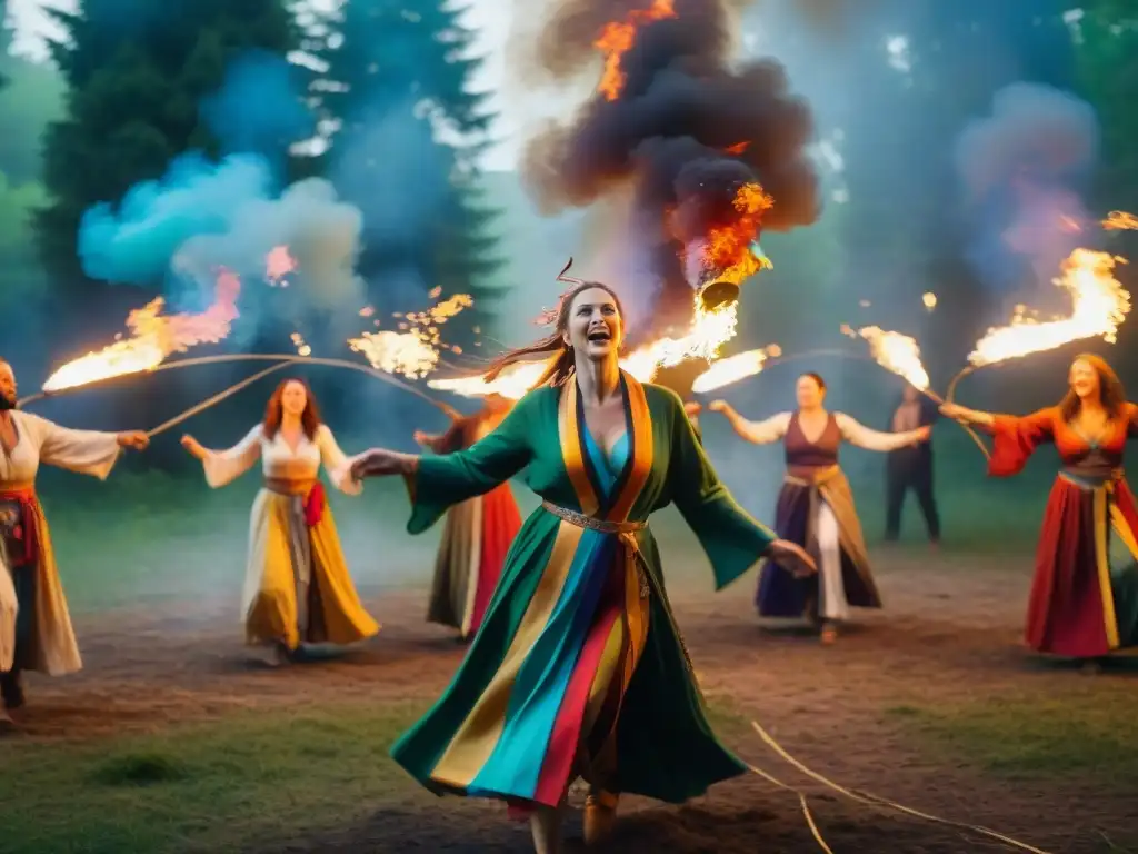 Misterios de la celebración Beltane: Grupo diverso danza alrededor de un maypole en un claro boscoso iluminado por fogatas