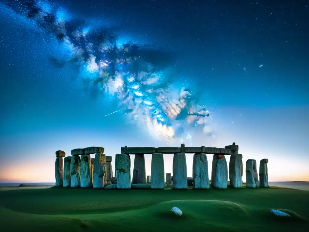 Misterios del cielo nocturno en Stonehenge: las estrellas iluminan los antiguos monolitos en una noche mágica