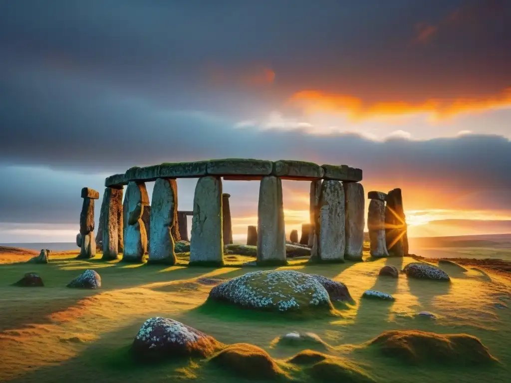 Misterios del Círculo de Brodgar: Antiguas piedras iluminadas por el cálido atardecer, en contraste con el cielo vibrante al fondo