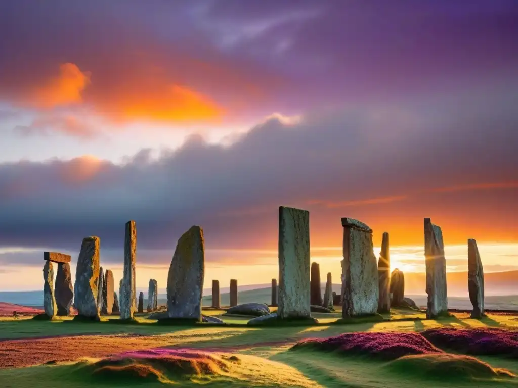 Misterios del Círculo de Brodgar: Antiguas piedras en misterio bajo un atardecer vibrante en Orkney