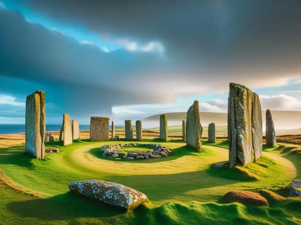 Los misterios del Círculo de Brodgar en las Islas Orcadas, con sus piedras ancestrales, flora exuberante y cielo dramático