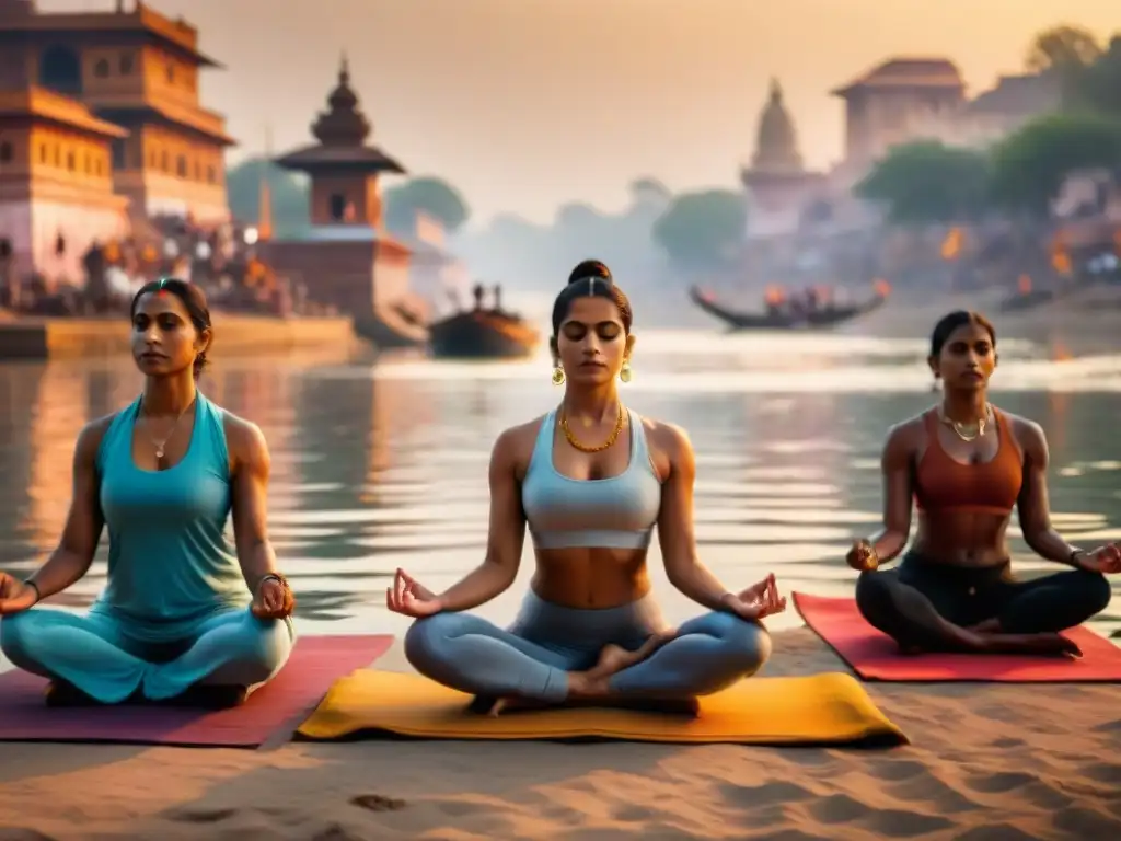 Misterios de civilizaciones antiguas: Antiguos yoguis practicando yoga en el sagrado río Ganges al amanecer en Varanasi, India