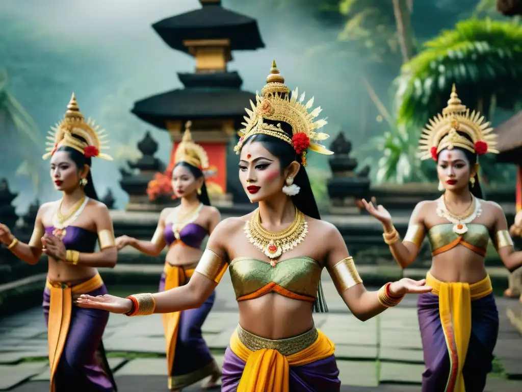 Misterios de civilizaciones antiguas en Bali: bailarines balineses con trajes tradicionales en un templo vibrante durante una ceremonia religiosa