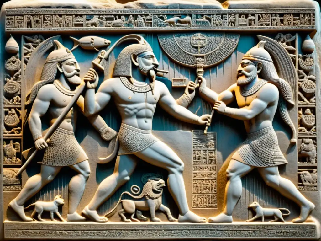 Misterios de civilizaciones antiguas: tallado detallado en piedra de Gilgamesh combatiendo a Humbaba