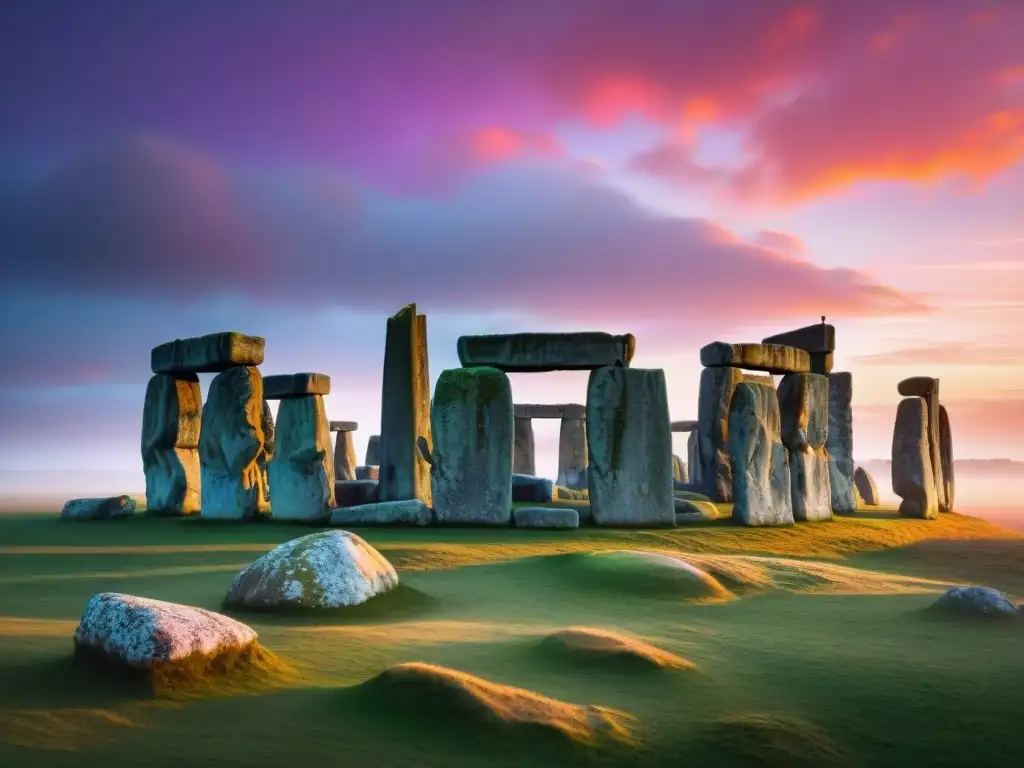 Misterios Stonehenge cosmos: primeras luces del alba sobre las antiguas piedras, creando una atmósfera mística y mágica