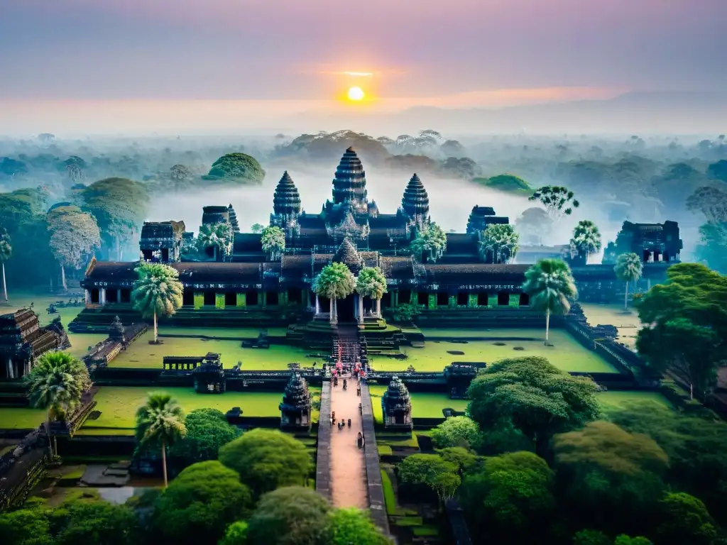 Explora los misterios de Angkor Wat al amanecer, con sus detalladas esculturas de piedra y exuberante entorno