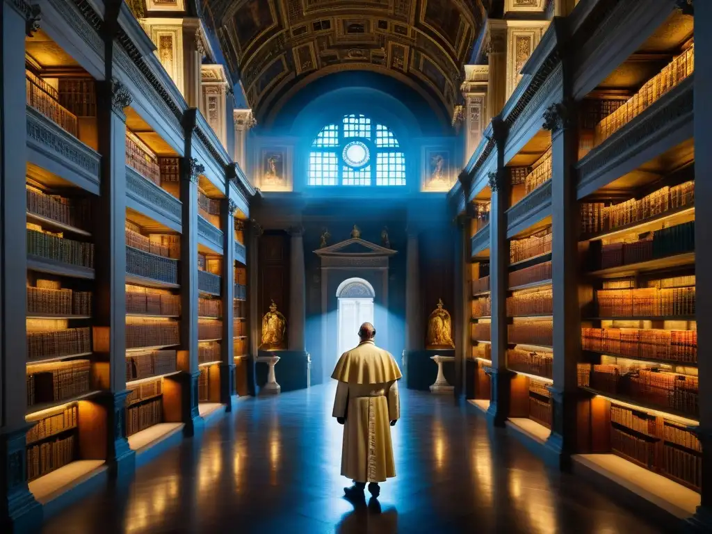 Descubre los misterios esotéricos del Vaticano en esta biblioteca ancestral iluminada por luces tenues y llenas de tomos antiguos