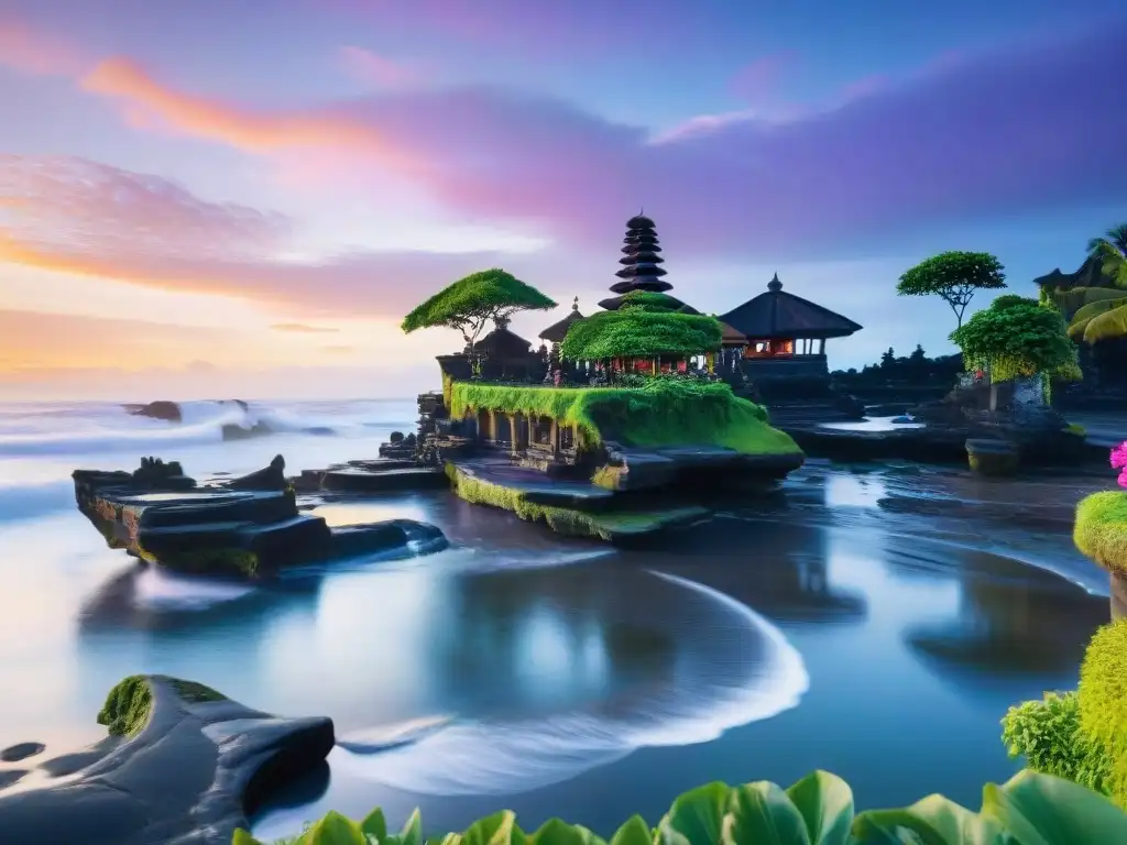 Misterios espirituales templos Bali: Amanecer dorado resalta templo de Tanah Lot con paredes cubiertas de musgo y cielo vibrante