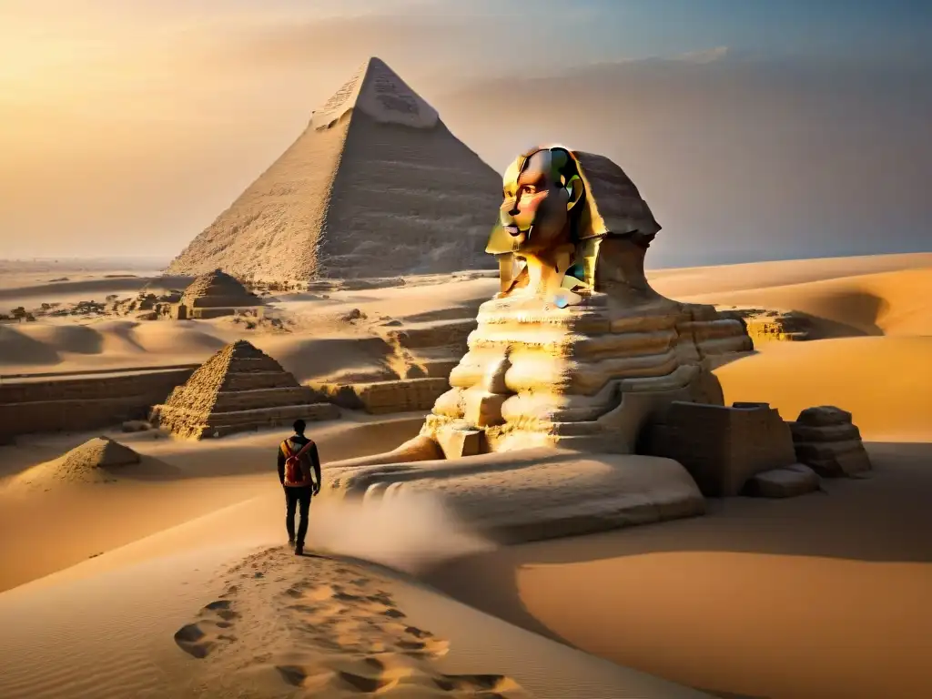 Los misterios de la Esfinge de Giza se revelan al atardecer, con sombras largas y luz dorada resaltando su enigmática expresión