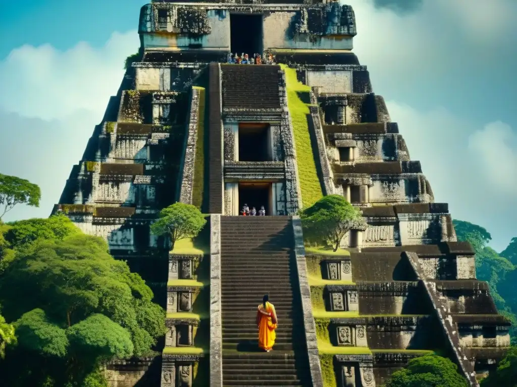 Misterios de la grandeza maya: Detalles del Templo I en Tikal bajo el sol centroamericano