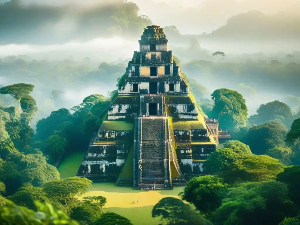 Los misterios de la grandeza maya envueltos en la neblina al amanecer en Tikal