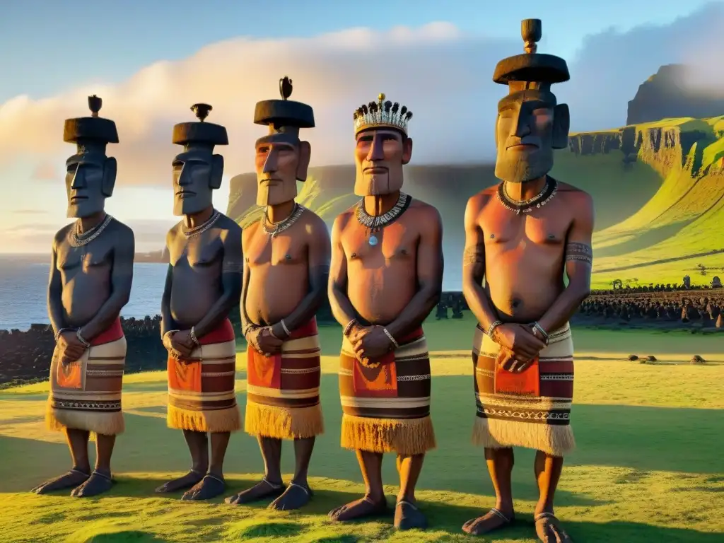 Misterios de la Isla de Pascua: Ancianos Rapa Nui danzando al atardecer entre Moai, en un ritual cargado de sabiduría ancestral