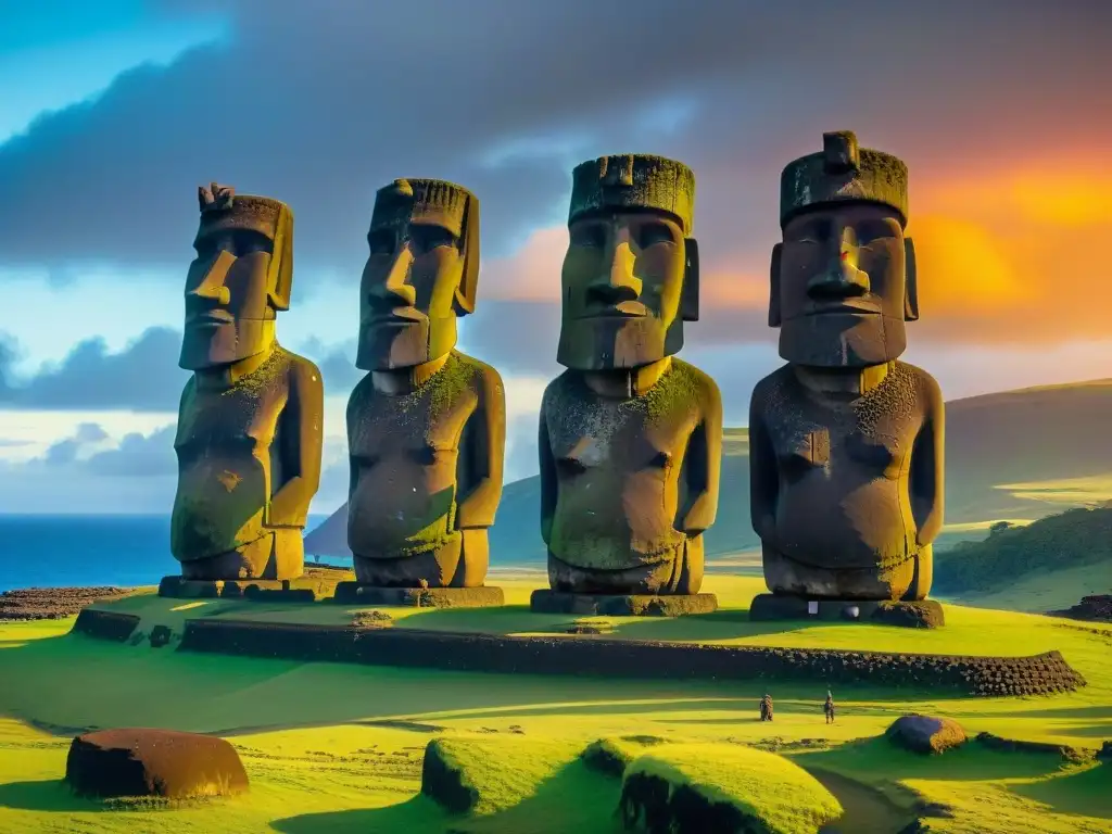 Misterios de la Isla de Pascua: Moáis en el atardecer, sombras largas y aura mística