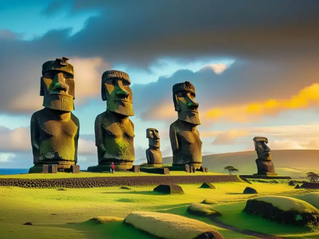 Misterios de la Isla de Pascua: Moais bajo un atardecer vibrante, en una imagen detallada en 8k