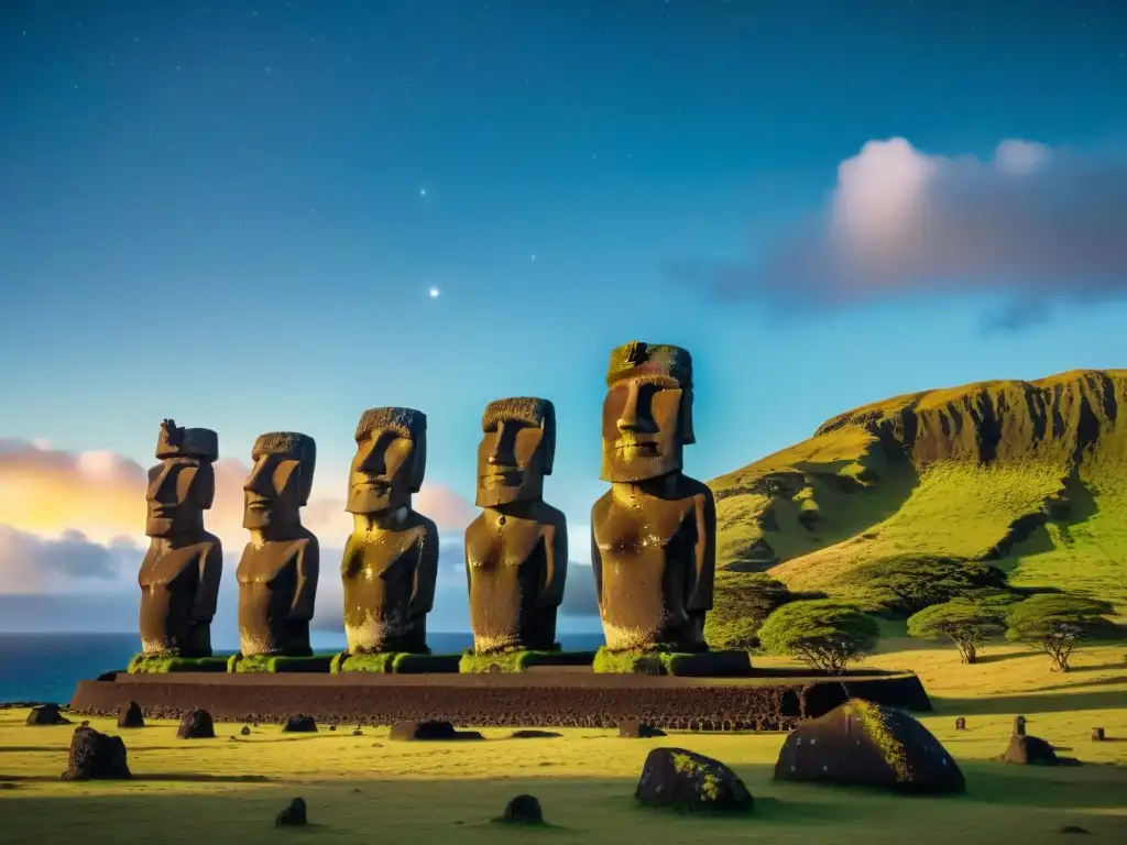 Misterios de la Isla de Pascua: Moáis bajo un cielo estrellado, lleno de misterio y conexión espiritual