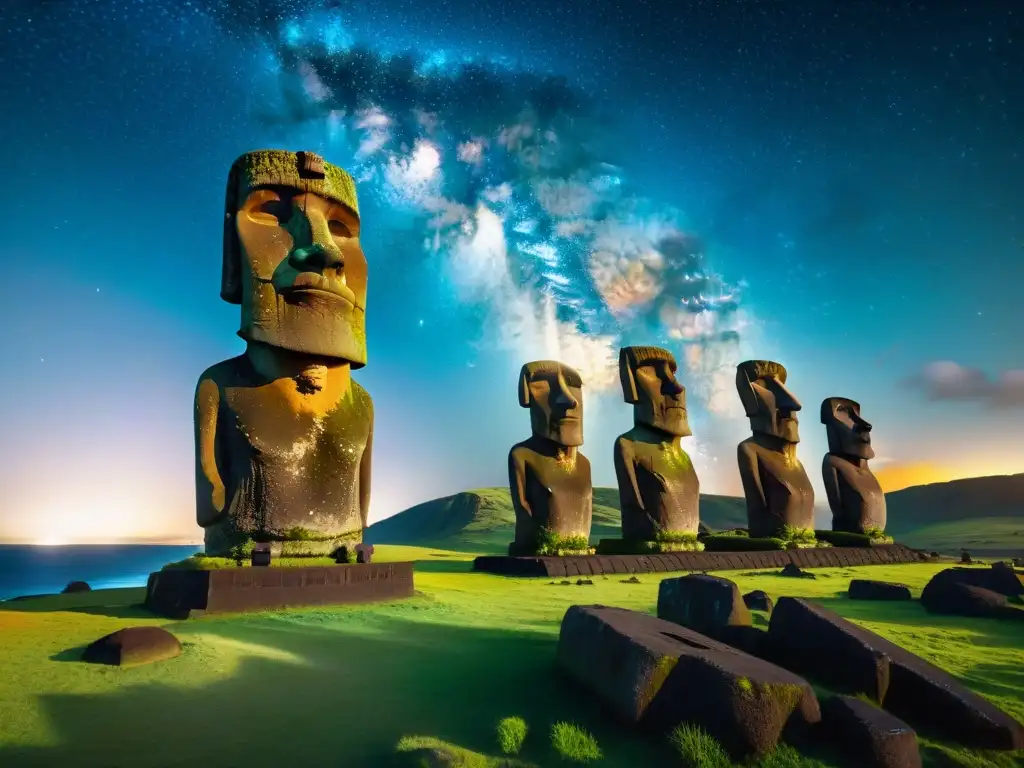 Misterios de la Isla de Pascua: Moáis iluminados bajo el cielo estrellado con la Vía Láctea, transmitiendo la atmósfera mística de la isla