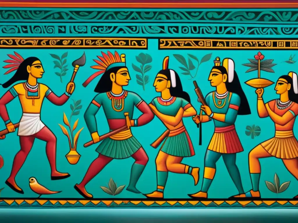 Descubre los misterios del Popol Vuh mayas en este colorido mural lleno de simbolismo y personajes detallados