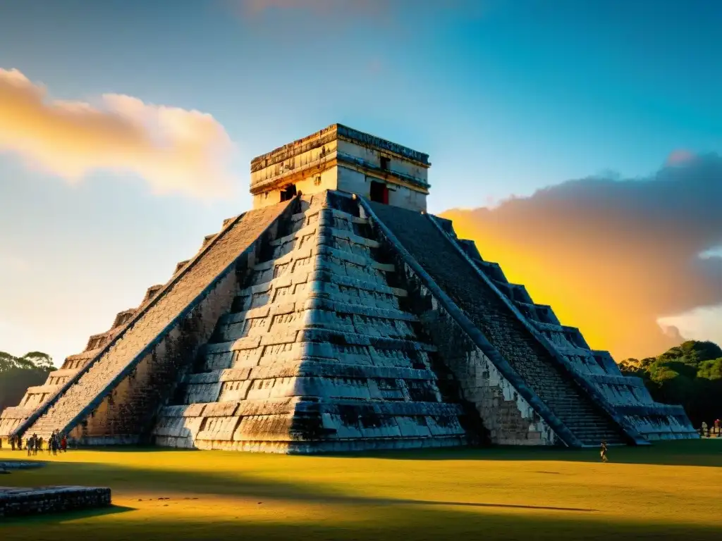 Misterios de Chichen Itzá mayas: Imponente pirámide de El Castillo al atardecer, resaltando su grandeza arquitectónica