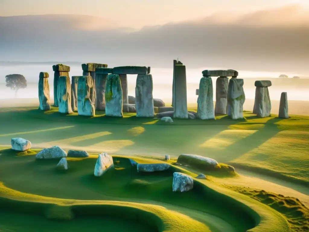 Misterios megalitos civilizaciones antiguas: Stonehenge al amanecer, rodeado de neblina, con sus enormes piedras en formación circular