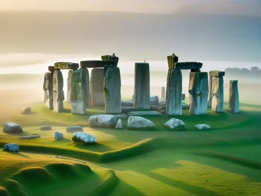 Misterios megalitos civilizaciones antiguas: Vista aérea impactante de Stonehenge en un amanecer brumoso, rodeado de la apacible campiña inglesa