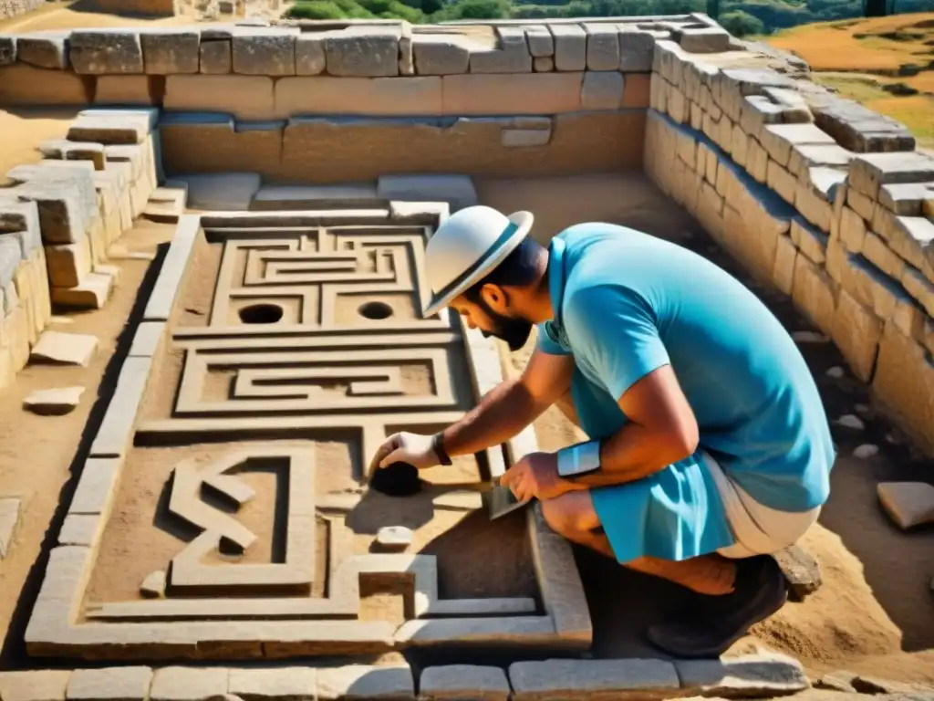 Misterios minoicos laberinto Knossos: equipo de arqueólogos excavando con detalle, revelando el laberinto antiguo