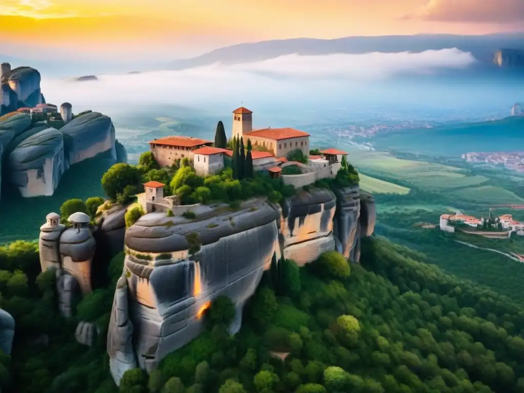 Misterios de los monasterios Meteora: atardecer dorado sobre antiguas construcciones en altas formaciones rocosas con vegetación exuberante