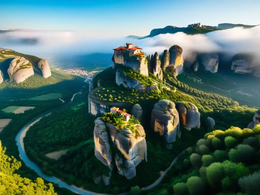 Descubre los misterios de los monasterios Meteora en la cima de imponentes acantilados de arenisca, rodeados de verdor