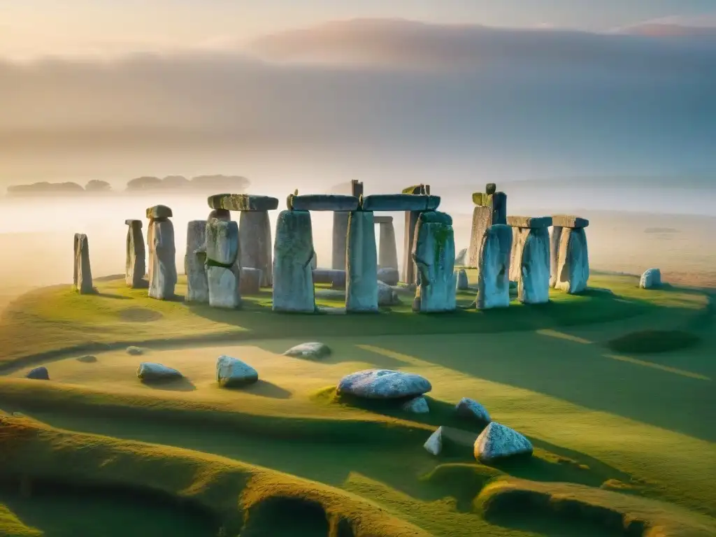 Misterios monumentos megalíticos antiguos: Stonehenge al amanecer, proyectando sombras en la luz matutina, rodeado de una aura mística de niebla