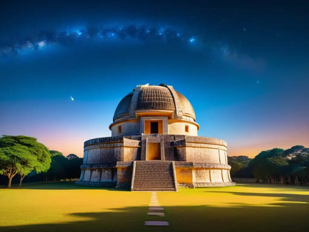 Misterios de Chichen Itzá mayas: El observatorio El Caracol iluminado por la luna en una noche estrellada, con constelaciones brillantes