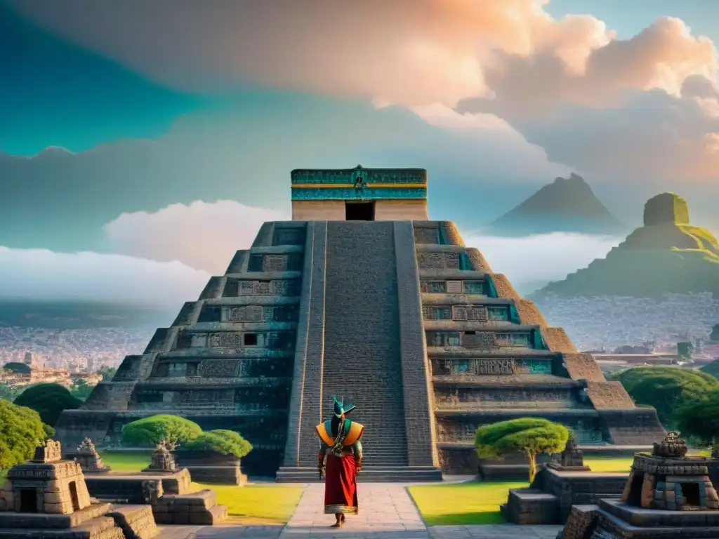 Misterios de Quetzalcóatl historia antigua: ciudad moderna con ruinas aztecas integradas, fusionando pasado y presente